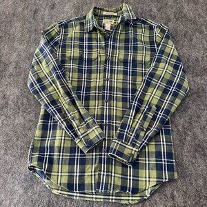 LL Bean Mens Small Regular Button Down Plaid Flannel Green Blue 100% Cotton